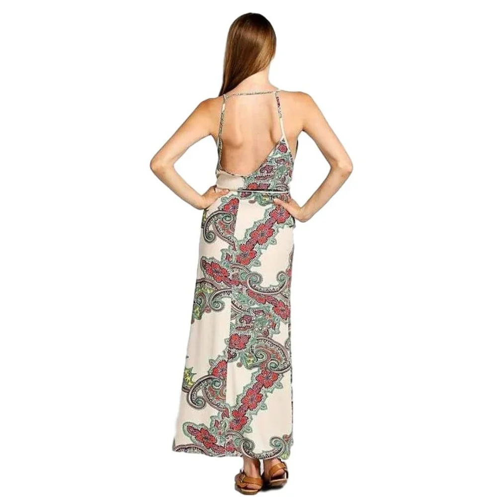 Backless Spaghetti Strap Scarf Print Maxi Dress - Picture 1 of 7
